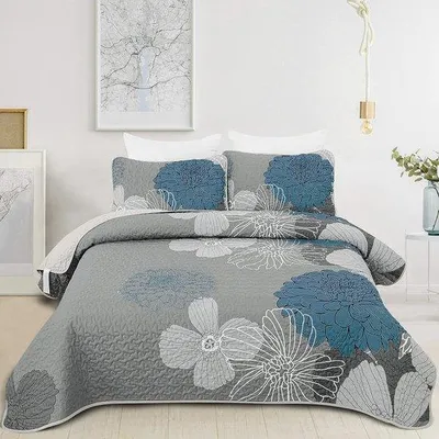 Immagine prodotto di Copriletto Unyqoos® 240 x 260 cm, blu con motivo floreale – copriletto trapuntato in microfibra (100% poliestere) per letto matrimoniale, ideale per l'estate, include 2 federe 48 x 75 cm