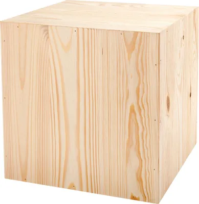 A light-colored wooden cube is shown against a white background.