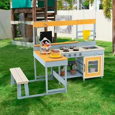 Imagen del producto de Cocina de madera Silecomplaza, cocina de exterior para niños con mesa de picnic y banco, cocina infantil con grifo, fregadero, pizarra y accesorios, para niños a partir de 3 años