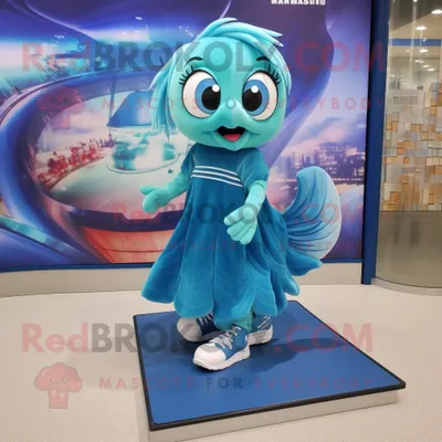 Produktbild von Türkisfarbener REDBROKOLY Betta-Fisch Maskottchen Kostüm charakter bekleidet mit einem Etuikleid und Schnürsenkeln