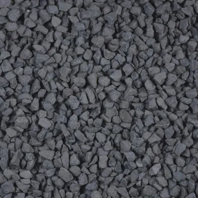A close-up, top-down view of a pile of small, dark gray gravel stones.