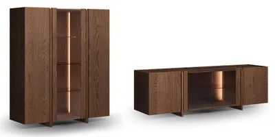 Produktbild von Wohnwand Travertino Anbauwand 2-teilig Wildeiche Tabak Massivholz Naturstein wählbar,ohne Travertin Naturstein