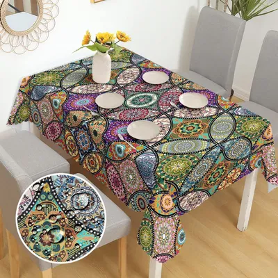 Productafbeelding van Tafelkleed, rechthoekig, boho-stijl, mandala-print, 110x140 cm, polyester, afwasbaar, geschikt voor buiten, weerbestendig