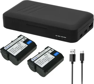 Produktbild von Trade-Shop 3in1 Set: 2x Akku 1900mAh + Dual-Ladegerät USB-C USB-A mit Powerbank-Funktion kompatibel mit Nikon EN-EL15, EN-EL15a, EN-EL15b, EN-EL15c