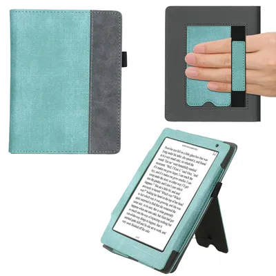 Produktbild von kwmobile Flip Hülle kompatibel mit Kobo Aura H2O Edition 2 - Handschlaufe - Cover Mintgrün Dunkelgrau