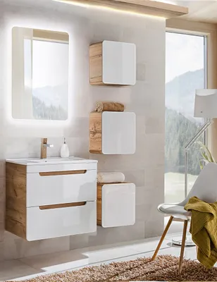 Produktbild von Badmöbelset Hochglanz weiß mit Wotan Eiche Nb. LUTON-56 mit 61 cm KeramikWaschtisch & LED-Spiegel, B/H/T ca. 110/200/46 cm