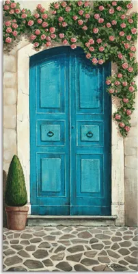 Produktbild von ARTland Wandbild Alu für Innen & Outdoor Blaue Tür mit Kletterrosen Größe: 20x40 cm