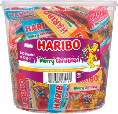 Produktbild von Haribo Merry Christmas 100 x Minibeutel in der Vorratsdose 980g