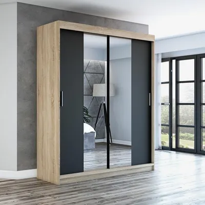 Produktbild von Schwebetürenschrank, 2-türig Schrank mit Spiegel! Moderne Garderobe für Kleidung. Verschiedene Farben (Weiß, Schwarz, Somona) Kleiderschrank NEO 180 cm