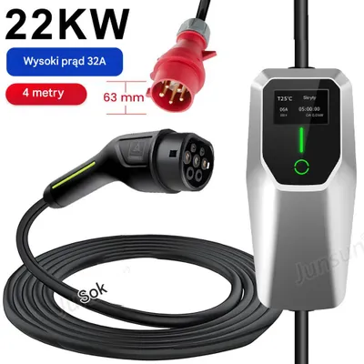 Zdjęcie produktu dla Mobilna ładowarka samochodowa Wallbox 20A/24A/32A EVSE, kabel ładujący EU EV, typ 2, przenośna ładowarka 22 kW, 4 m, PX65