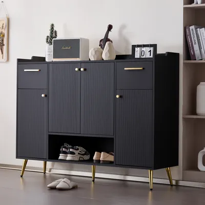 Produktbild von MODFU Schuhschrank, Schuhregal mit 2 Schubladen und 4 Türen, Metallfüße, Maße: B130/W37/H100, schwarz