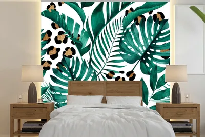 Produktbild von MuchoWow® Fototapete für Wohnzimmer oder Schlafzimmer Wandtapete Vinyl Motivtapete Leopardenmuster - Blätter - Muster - Mädchen - Kinder - Jungen - Kinder - 300x300 cm - Kindertapete - Wanddekoration