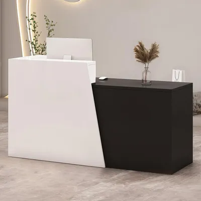 Image de Comptoir de réception avec tiroir et étagères, dimensions 240x42x100 cm, blanc et noir