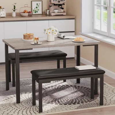 Produktbild von 3-teiliges Esszimmerset 4 Personen Tisch 110x70cm 2 gepolsterte Bänke Metallgestell Grau