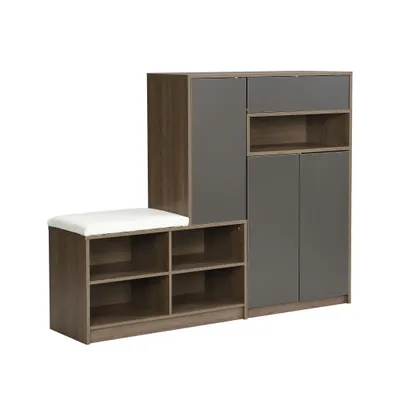Produktbild von Schuhschrank mit Sitzbank, Platz für 25 Paar Schuhe, Verstellbare Regale, Kippsicherung, Grifflose Türen, Modernes Flurdesign, Grau