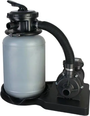 A sand filter system for a pool, consisting of a large gray tank and a black pump connected by a flexible hose, all mounted on a black base.