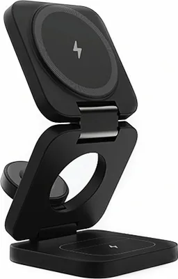 A black, foldable magnetic charging stand for electronic devices.