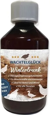 A bottle of WachtelGlück WinterTrunk with a label showing illustrations of birds and text describing the product.