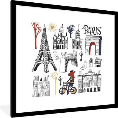 Produktbild von MuchoWow® Gerahmtes Poster Paris - Eiffelturm - Zeichnung 40x40 cm - Poster mit Schwarzem Bilderrahmen Wandposter Rahmen Foto Bilder - Poster - Plakat im Rahmen