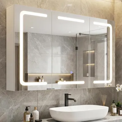 Produktbild von GIHAUVIA Spiegelschrank Bad LED mit 3 Farben Beleuchtung 90x60x14 cm Touch 3-türig Rasiersteckdose Badezimmerspiegel Schrank