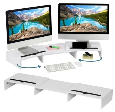 Produktbild von Relaxdays Monitorständer, 2 Monitore, ausziehbare Segmente, Breite 74-105 cm, ergonomische Bildschirmerhöhung, weiß