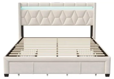 Immagine prodotto di Letto imbottito 160x200 cm - Letto matrimoniale con spazio contenitore - 4 cassetti - Testiera LED con porta USB - Rivestimento in lino - Portata massima 250 kg - Senza materasso - Beige