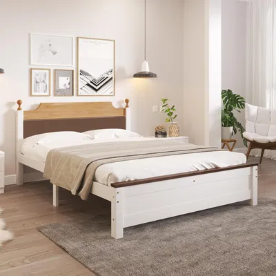 Produktbild von Merax Einzelbett 140x200 cm mit Zierkugeln, Holzbett aus Massivholz und MDF, Jugendbett  mit Lattenrost und stabiler Rahmen, ideal für Kinder & Gäste