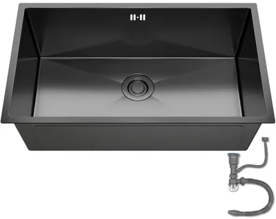 A black stainless steel kitchen sink with a drain assembly shown separately.