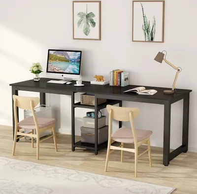 Produktbild von LITTLE TREE 200 cm dvojitý stôl, extra dlhý počítačový stôl s úložnými priestormi, pracovný stôl do domácej kancelárie (čierny)