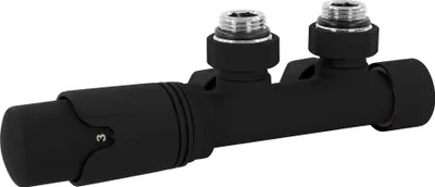 A black radiator valve set with a thermostat is shown against a white background.
