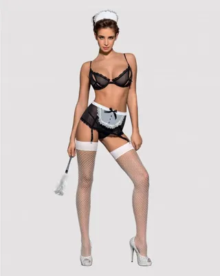 Produktbild von Obsessive MAIDME SET L/XL, Wäsche-Set, Schwarz, Durchscheinend, Weiß, Elasthan, Polyamid, L/XL, Muster, 34 - 41 mm