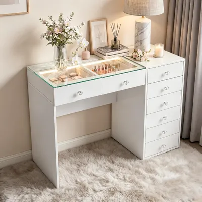 Image de VANITII Coiffeuse LED éclairage 8 Tiroirs Blanc 120 x 81 x 55 cm, Blanc