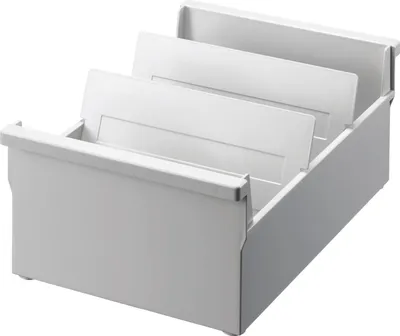 A white card file box with three compartments, shown from a slightly elevated front-left angle against a white background.
