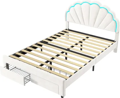 Obrázek produktu pro Čalouněná postel – jednolůžko 90 x 200 cm – samet – s úložným prostorem – kovový rám – čelo ve tvaru květiny
