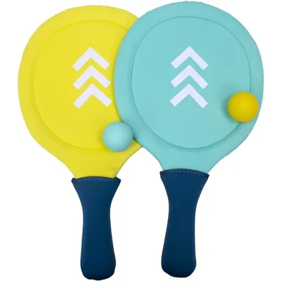 Produktbild von Beach Ball Set bestehend aus 2 Schlägern und 2 Bällen.Farbe gelb und Mintgrün. Softer Griff und Oberfläche.Strandtennis, Sport, Freizeit, Urlaub.