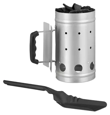 Produktbild von 2 teiliges Grill-Set, Anzündkamin aus Stahl, Kohlenschaufel flach, Grillkohleanzünder für BBQ, Ascheschaufel schwarz
