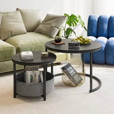 Imagen del producto de Conjunto de 2 mesas auxiliares redondas, color , estilo industrial, con estructura de metal y tablero de madera