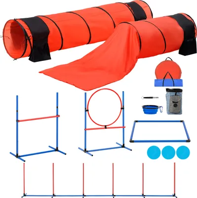 Immagine prodotto di SucceBuy attrezzatura per l'addestramento all'agilità del cane, set migliorato di 7 pezzi con ostacoli alti regolabili, 6 pali per l'intreccio, 2 tunnel, cerchi per il salto, box per la rottura, 3 frisbee, fischietto