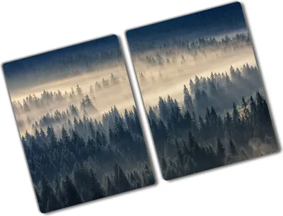 Produktbild von Tulup Glas Herdabdeckplatte - 2x40x52 cm - Glaskeramikkochfeld-Abdeckung Spritzschutz Glasabdeckplatte Kochplattenabdeckung und Schneidebrett - Zweiteilig - Landschaften - Nebel Wald - Grau