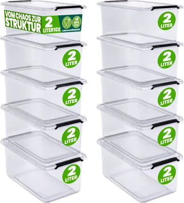 A stack of clear plastic storage boxes with black lids.