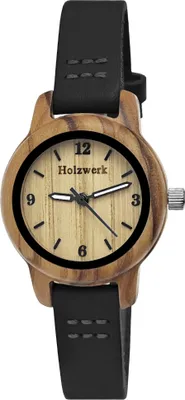 Produktbild von Holzwerk CLARA BLACK kleine Kinder Holz Uhr mit Leder Armband, schwarz, beige