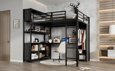 Immagine prodotto di Letto a castello - Letto multifunzione - 140 x 200 cm - Scrivania - Spazio contenitivo - Armadio integrato - Struttura in metallo e pannelli di truciolato - Colore nero