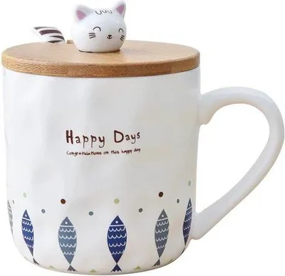 Zdjęcie produktu dla Filiżanka ceramiczna Unyqoos® o pojemności 380 ml z pokrywką i łyżeczką, z motywem kotów – idealna do cappuccino i herbaty, można używać w mikrofalówce i myć w zmywarce