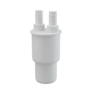A white plumbing adapter with two hose barbs on top and a larger diameter fitting on the bottom, isolated on a white background.