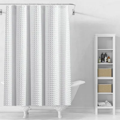Image de Rideau de douche à motif gaufré, blanc, 180 x 200 cm, lavable et résistant à la moisissure.