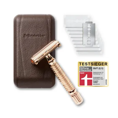 Image de Rasoir de sécurité Störtebekker « Hamburg » Rosé - Or - Kit de rasoir de sécurité pour homme - avec 10 lames de rasoir et un étui en cuir