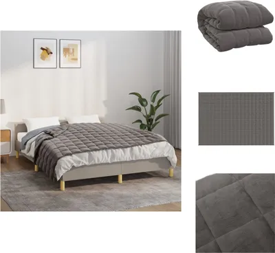 A bedroom scene with a bed made up with a gray weighted blanket, and decorative artwork on the wall.