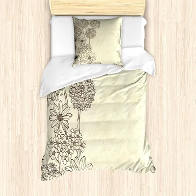 Produktbild von ABAKUHAUS Blumenweinlese Bettbezug Set, Blooming Plantation Gezeichnet von Hand im Retro-Stil, 135 x 200 cm + 80 x 80 cm, Creme Eggshell