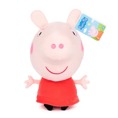 A plush toy of Peppa Pig wearing a red dress, with a product tag attached to its ear.
