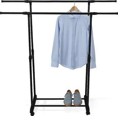 Produktbild von Relaxdays Kleiderständer rollbar, mit Ablage, verstellbar Höhe 91–158 cm, Breite 89–145 cm, Doppelkleiderstange, schwarz